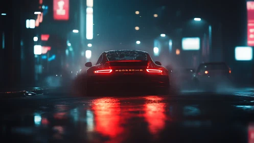 Midnight Porsche ignites neon rain on cinematic city streets.