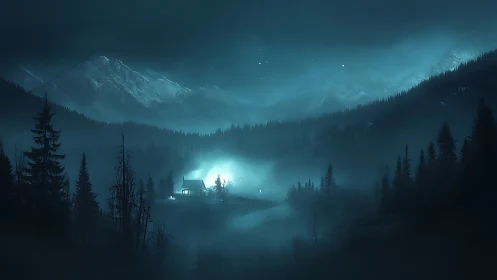 Moonlit cabin dreamscape adrift in misty alpine shadows.
