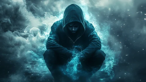 Hooded figure commands electric blue storm energy