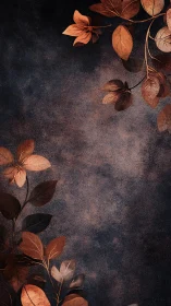 Copper botanical foliage on dark textured background frame