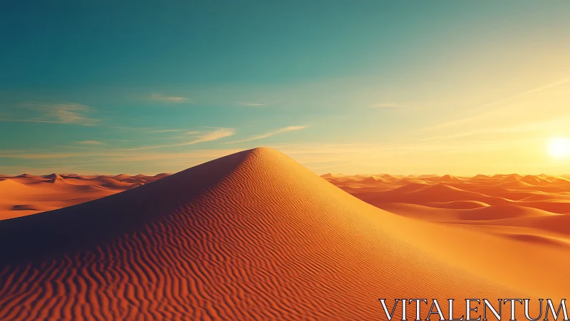 Sunlit desert dune ridge catches low golden evening light