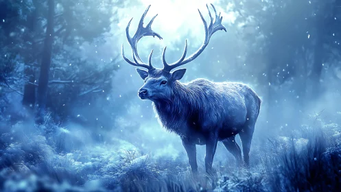 Gentle winter stag standing quietly in a blue misty forest.