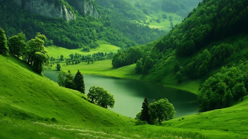 Green valley lake among forested hills under soft light.