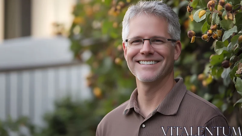 Outdoor portrait of smiling man in soft natural light composition.