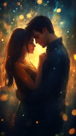 Silhouetted couple embrace within luminescent bokeh and light rays