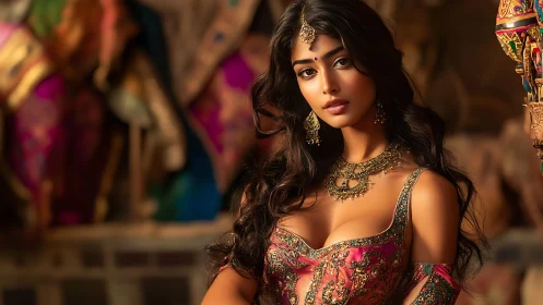 Regal gaze amid jewel-toned silks and temple whispers.