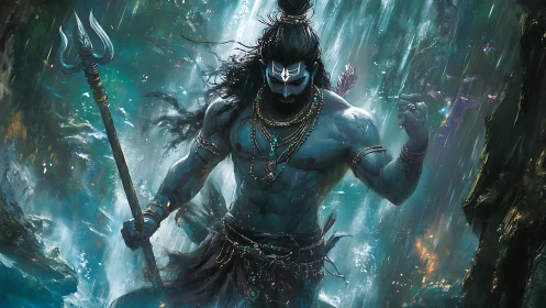 Stormforged blue deity strides through cosmic waterfall fury.
