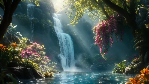 Waterfall pool in dense forest with bright floral growth.
