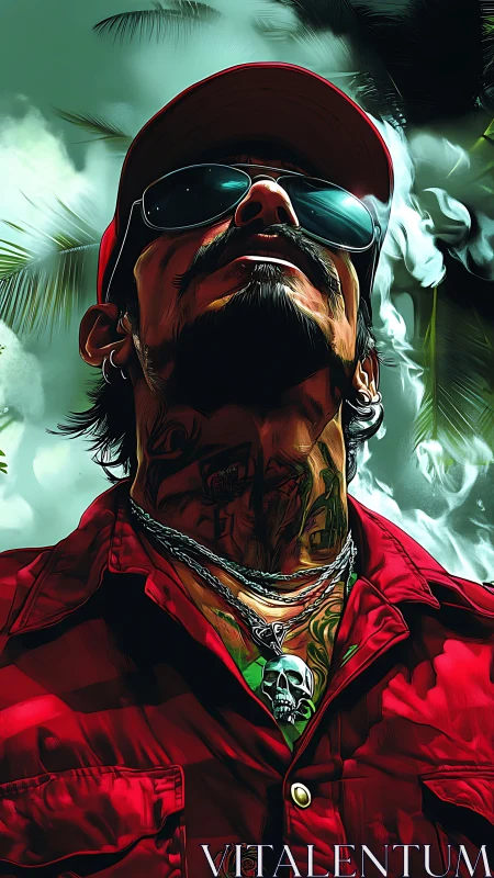 Sunlit rebel in crimson shirt and smoke-drenched palms.