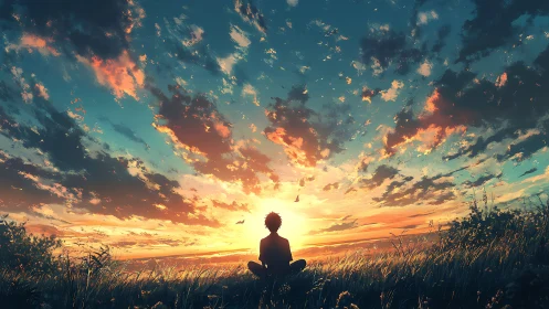 Silhouetted figure sits in field facing a vivid sunset sky