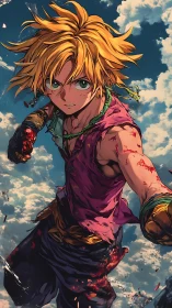 Battle-worn anime fighter with blond hair in sky scene.