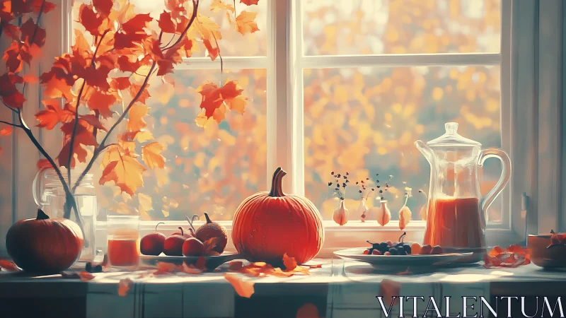 Golden autumn window scene glows with pumpkins and leaves