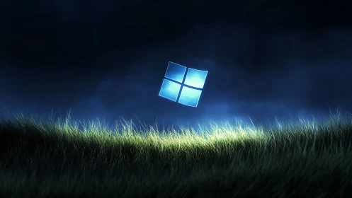 Glowing window logo hovers above illuminated digital grass field
