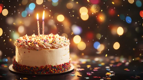 Festive Birthday Cake with Glowing Candles and Sparkle