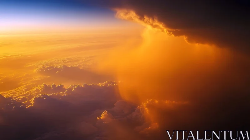 Fiery sunset light pours through towering storm clouds.
