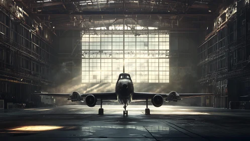Sunlit vintage jet resting quietly inside an old hangar.