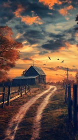 Sunset-lit rural path leads to solitary barn under vivid sky