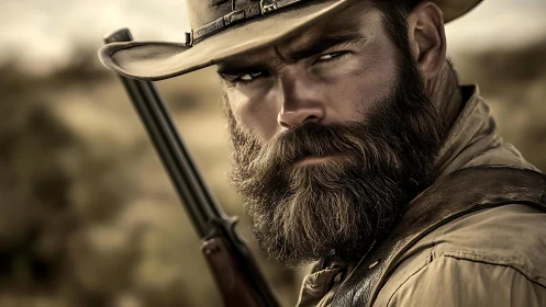 Bearded cowboy portrait with shallow depth, high microcontrast