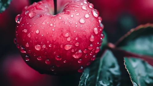 Ripe red apple closeup with dew drops on smooth skin.