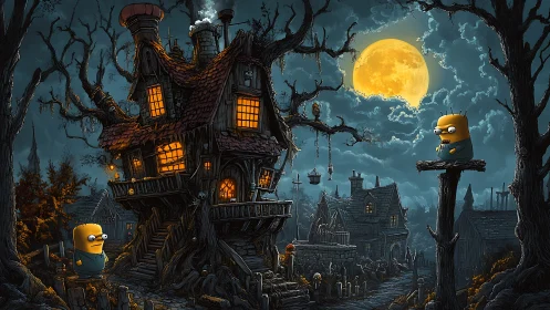 Cartoon figures near crooked house under full moon at night.