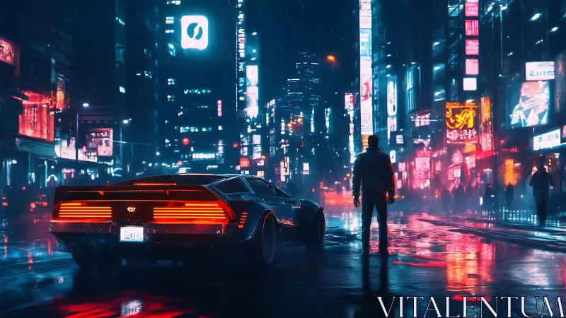 Futuristic car and lone figure occupy neon city street at night
