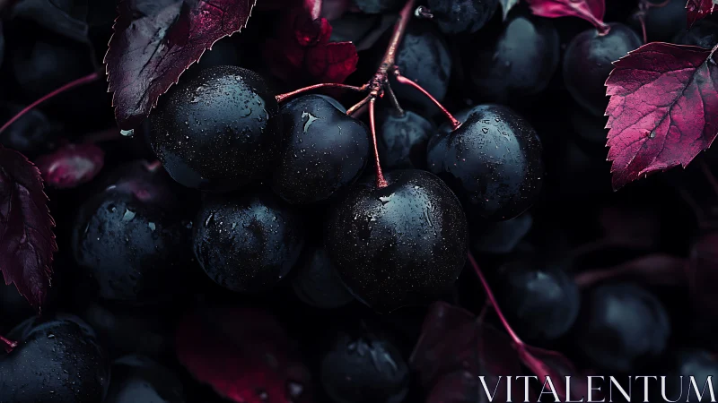 Midnight cherries brood beneath velvety wine toned leaves