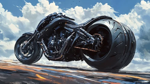Futuristic drag motorcycle dominates low sky perspective.
