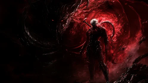 Armored white‑haired warrior confronts demonic vortex in red chaos