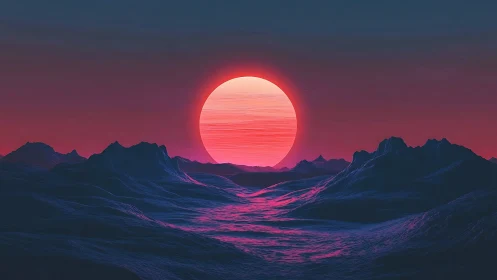 Spectral neon sun over polygonal twilight mountain basin.