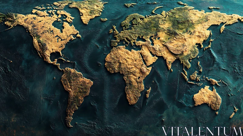 Textured world map relief with landmasses on dark ocean.