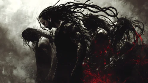 Dark warrior progression with splintered silhouettes.