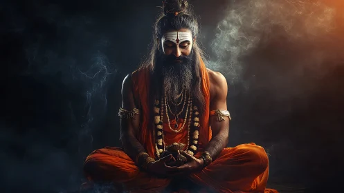 Ember cloaked sage meditates in swirling temple shadows.