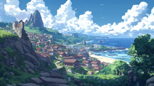 Medieval Coastal Castle Overlooking Seaside Town in Fantasy Realm.