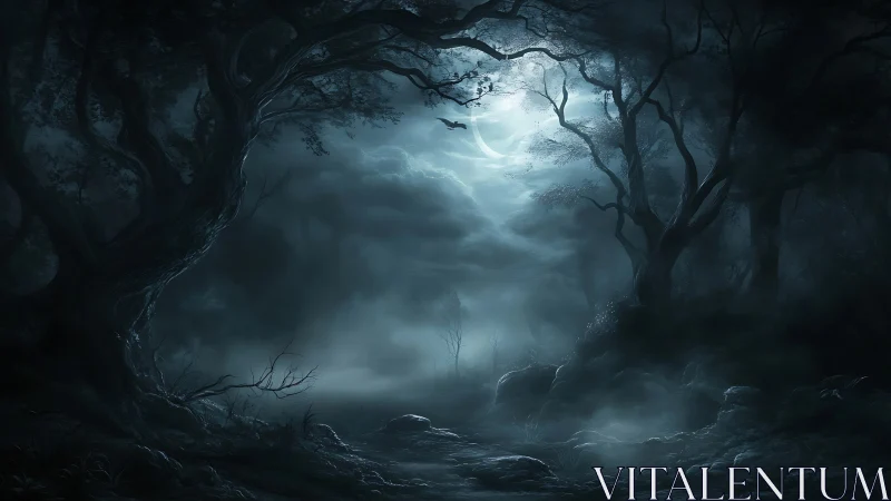Moonlit fog drapes a haunted forest in spectral hush.