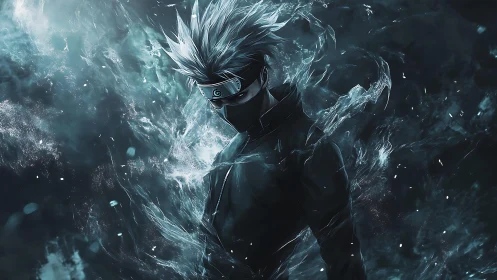 Masked anime figure in turbulent blue energy field.