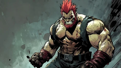 Hyper-muscular red-haired brawler rendered with dynamic comic inking