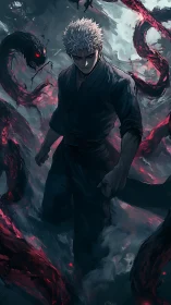 Silver‑haired warrior amid writhing crimson shadow serpents.