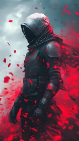Hooded combatant in red particle vortex under storm sky.