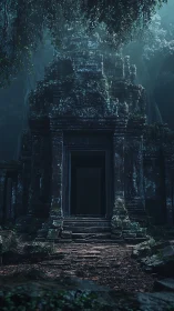 Ancient jungle temple entrance glows through misty canopy