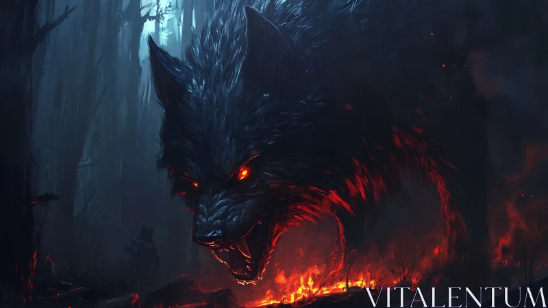 Demonic wolf stalks burning forest with molten eyes glowing