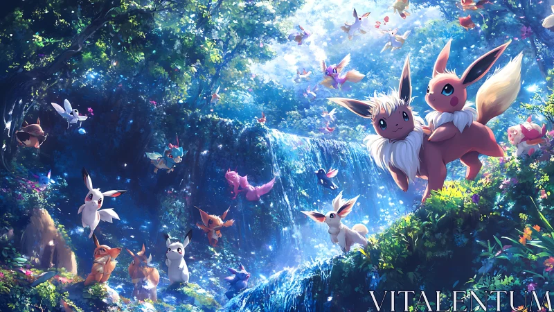 Luminous forest cascade with stylized fantasy creatures in motion.