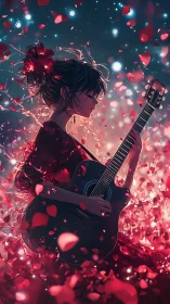 Guitar girl in swirling rose petals under dreamy starlight.