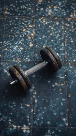 Single metal dumbbell on worn speckled gym floor surface.
