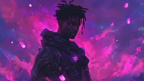 Neon-lit cyber mage in violet and magenta energy storm.