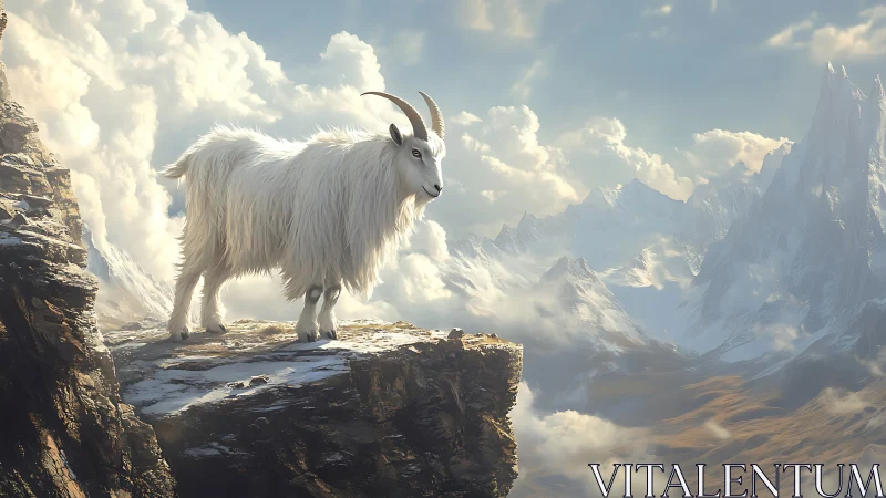 Mountain goat standing on rocky cliff above clouded peaks.