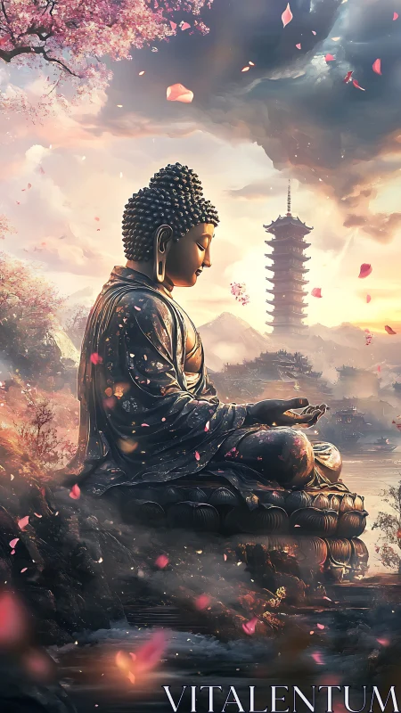 Buddha statue in serene cherry blossom mountain landscape.