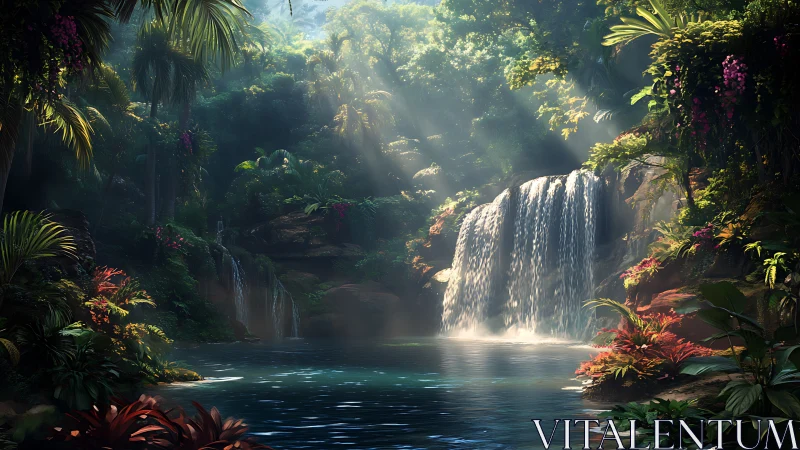 Sunlit jungle waterfall cascades into a tranquil emerald pool