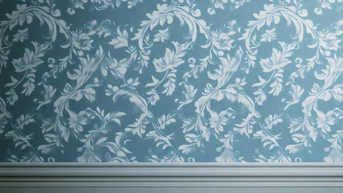 Blue floral patterned wallpaper with white baseboard trim.