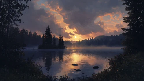 Twilight hush over misty lake island and glowing forest horizon.