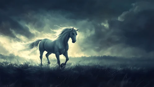 Storm-lit white horse traverses windswept field with luminous backlight
